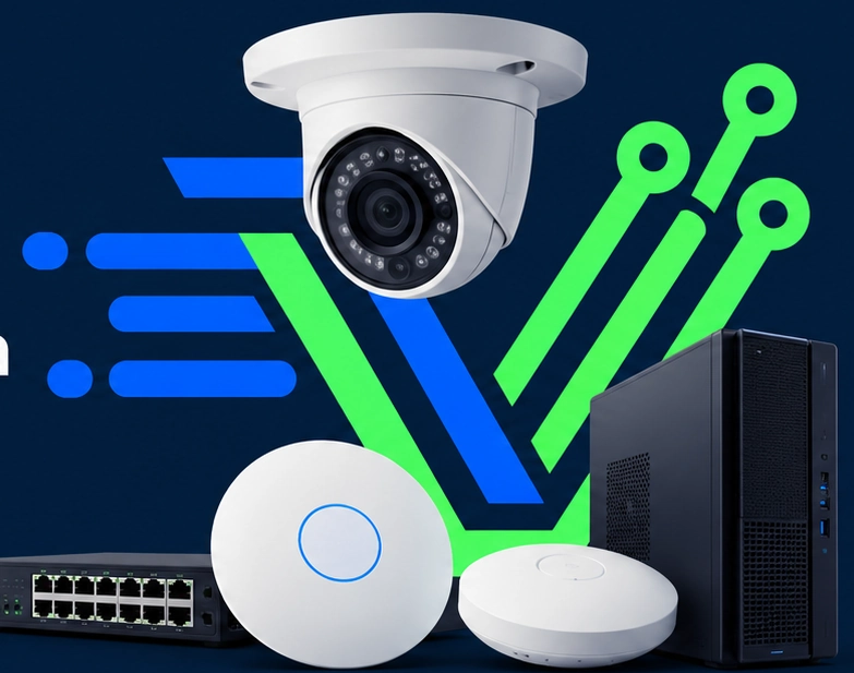Cámara de seguridad, switch de red, puntos de acceso y computadora sobre el símbolo V-NET